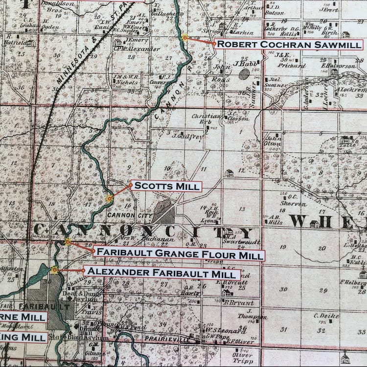 Historic map detailing the Scotts Mill, Faribault Grange Flour Mill, and the Alexander Faribault Mill